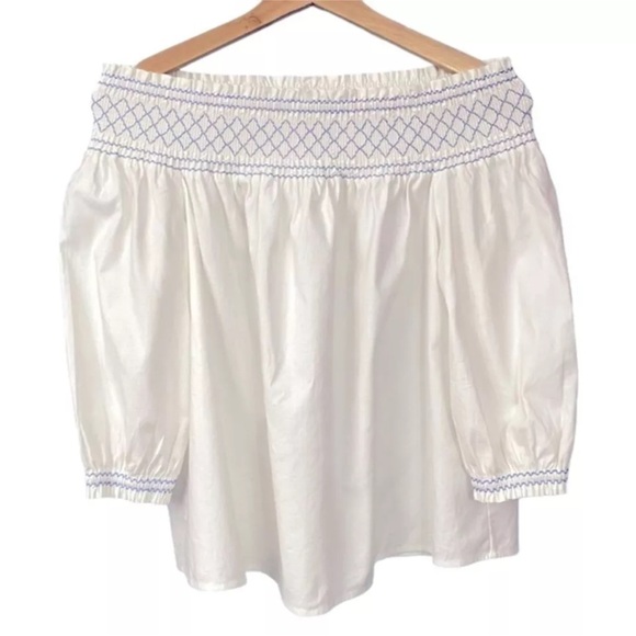 Vineyard Vines Smocked Off The Shoulder Blue Embroidered Neck Cuff Top NWT S - Picture 4 of 16